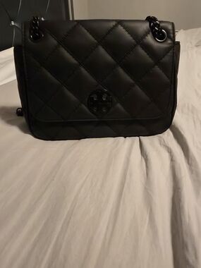 Tory Burch Black Quilted Chain-Handle Crossbody & matching Card Case